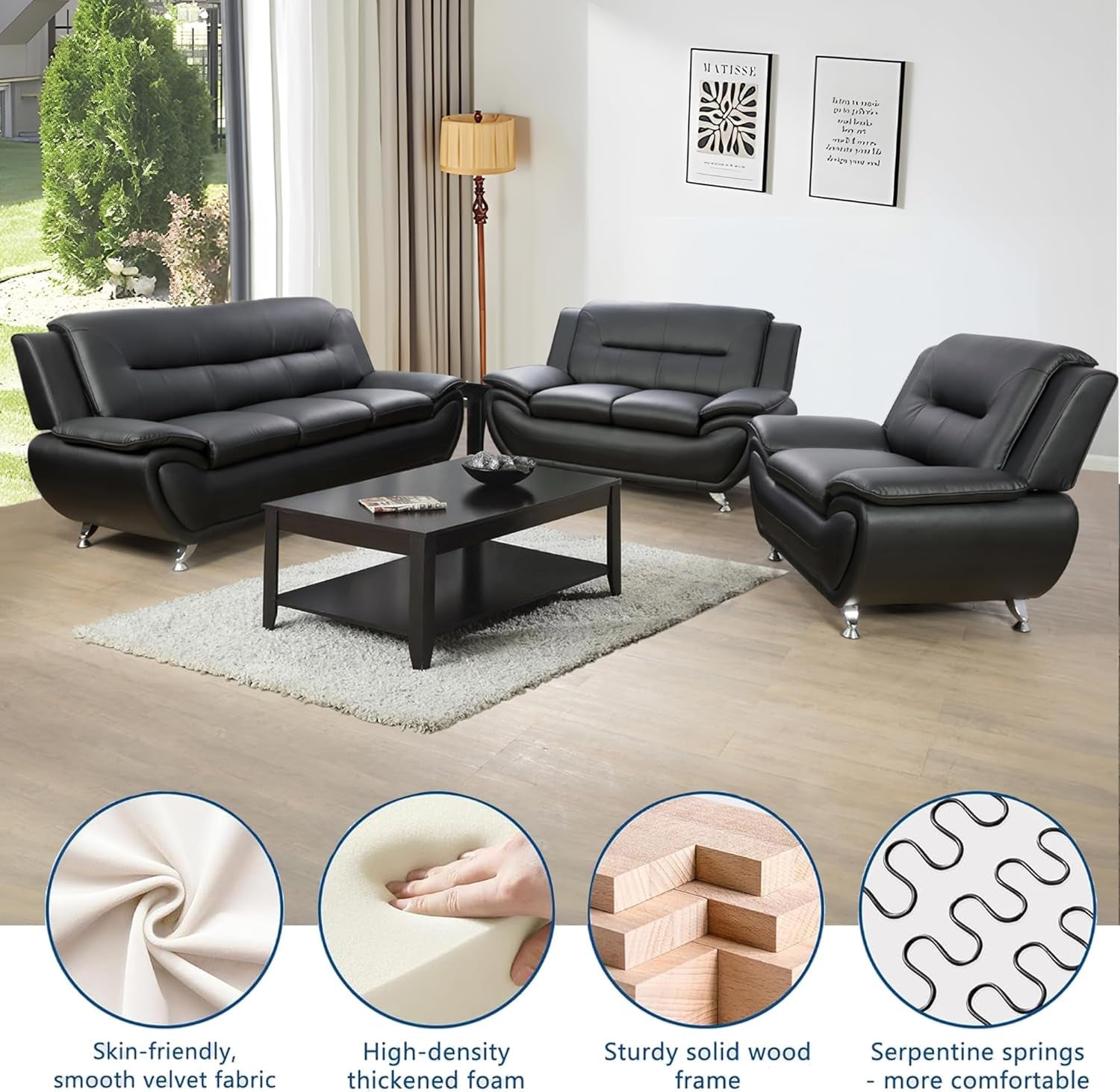 3 Piece Black Sofa Set Modern Living Room Couch Set Sofa Loveseat Chair For Home Decor-4