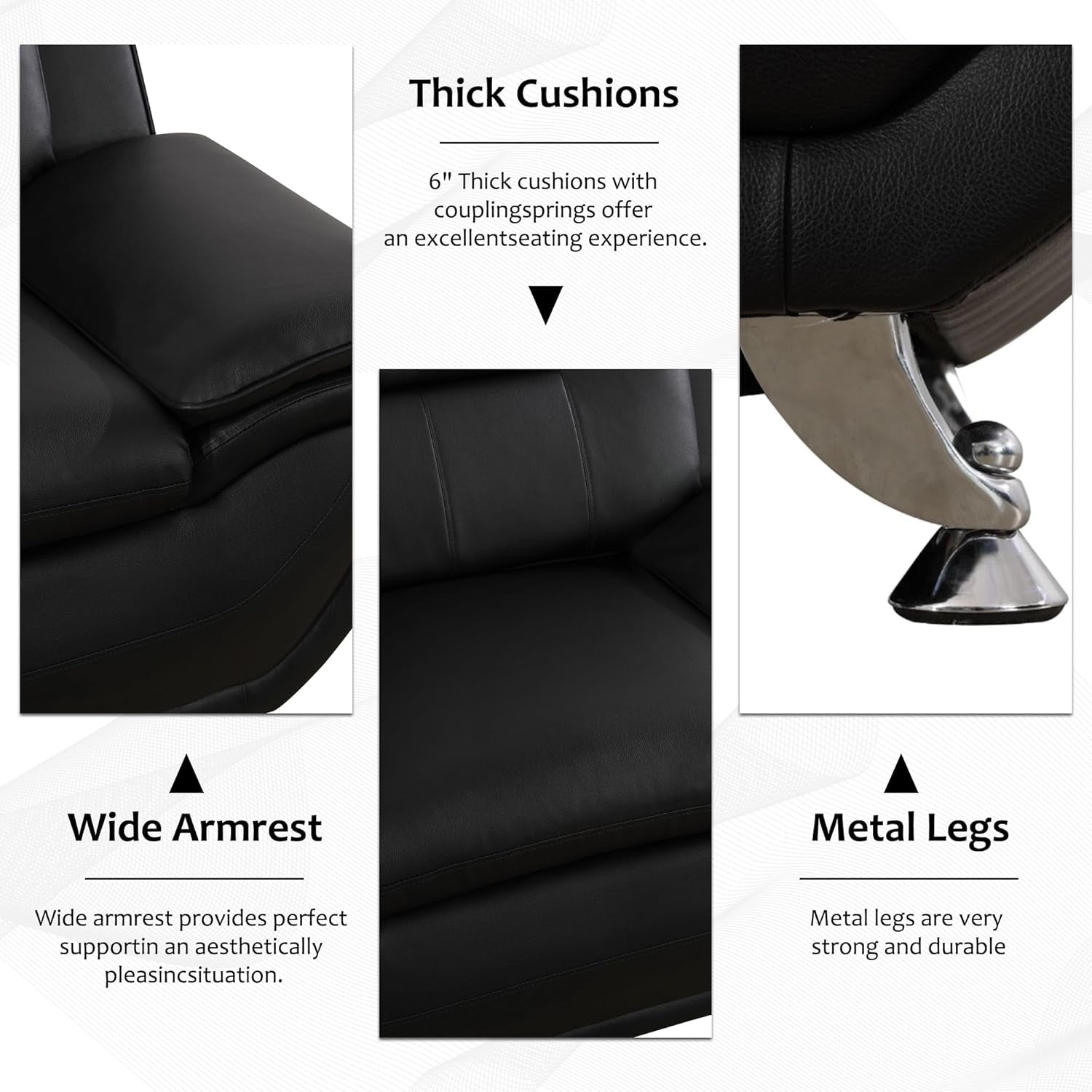 3 Piece Black Sofa Set Modern Living Room Couch Set Sofa Loveseat Chair For Home Decor-2