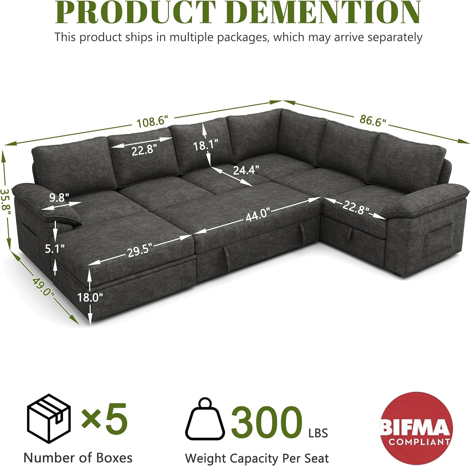 108 Inch Modular Sectional Sleeper Sofa CharcoalGrey-2