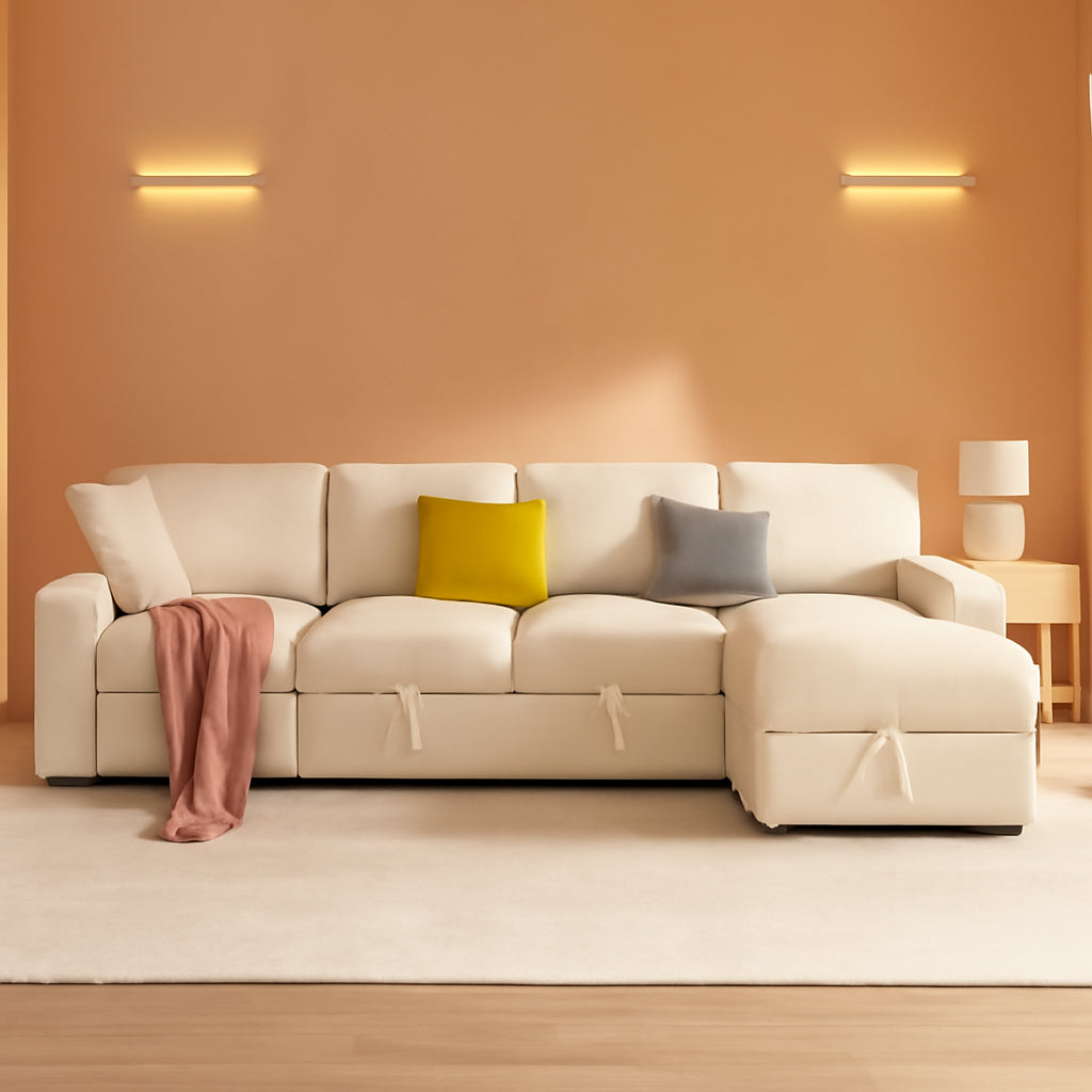 130Inch Beige Upholstered Sleeper Sofa With Storage-0