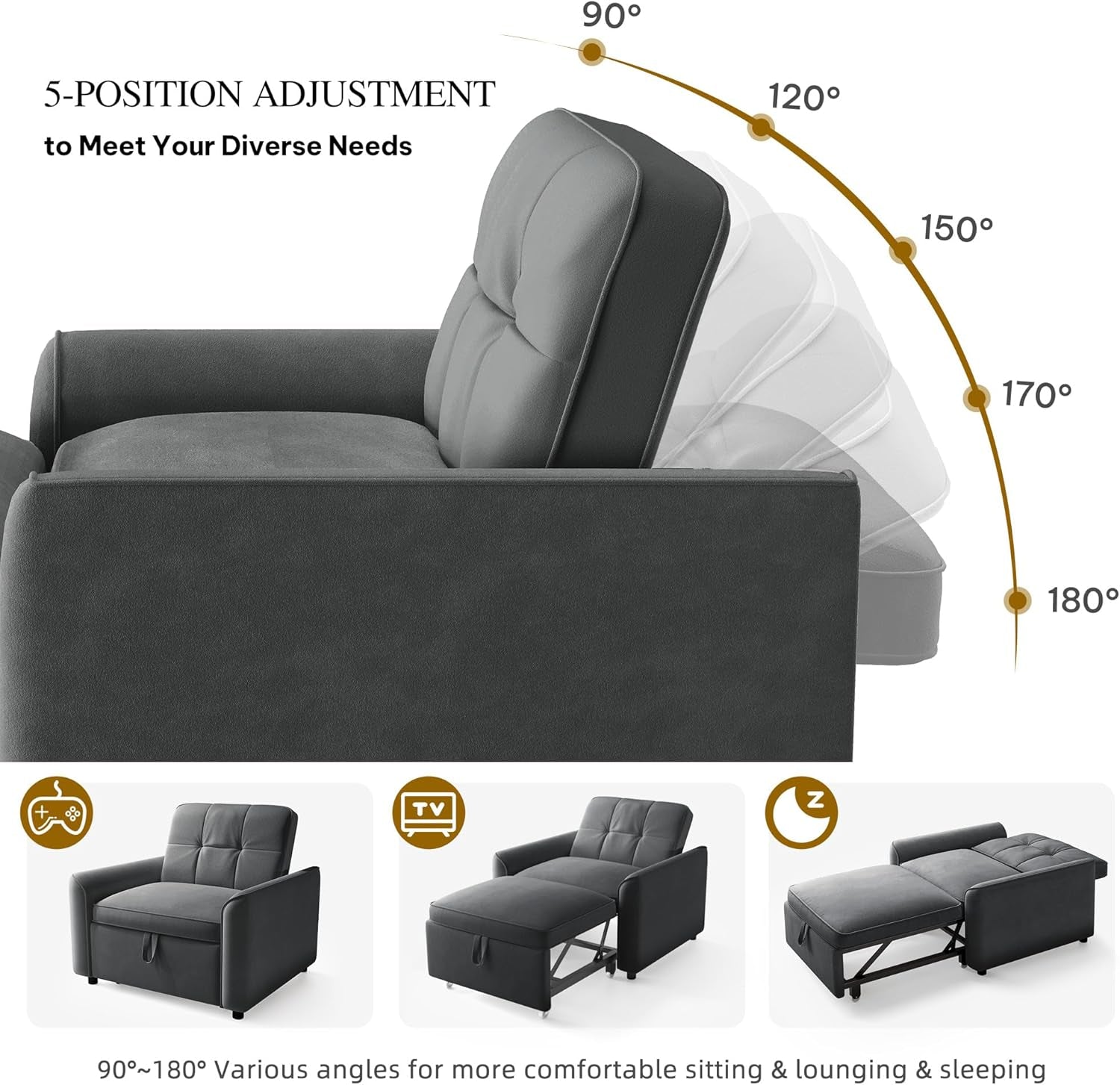 Convertible Sofa Bed Chair Gray Velvet Upholstered-3