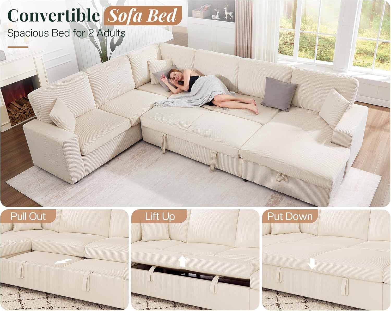 130Inch Beige Upholstered Sleeper Sofa With Storage-4