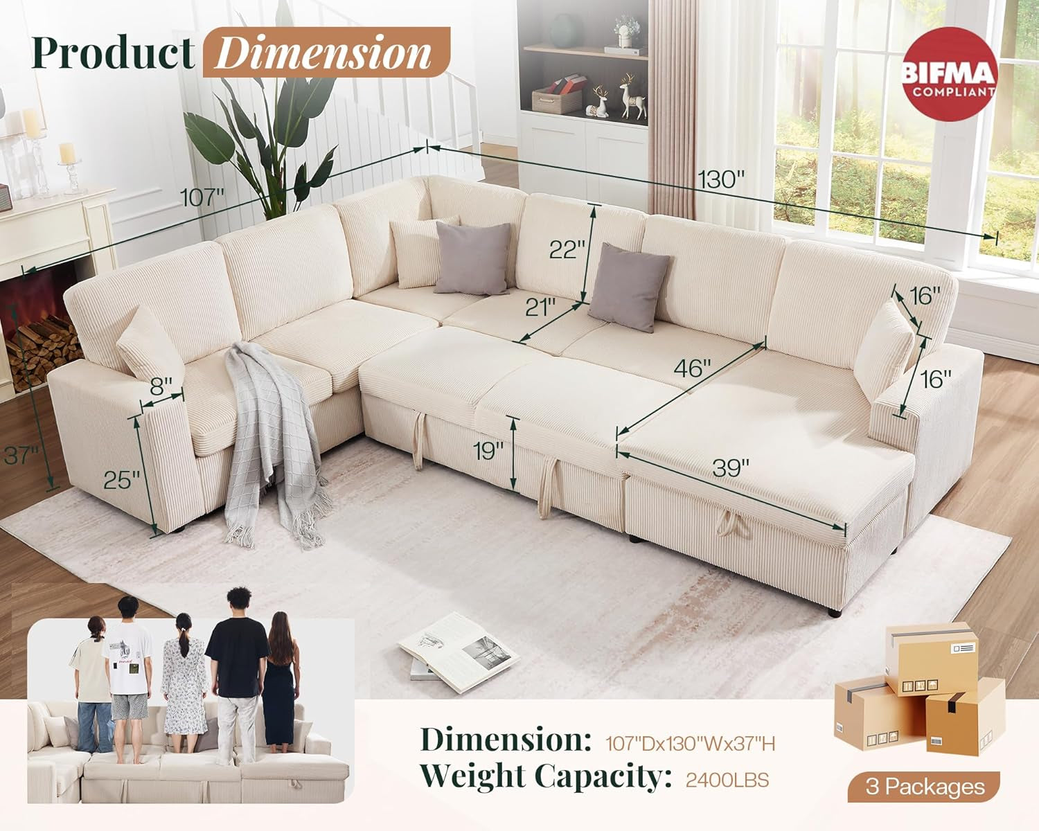 130Inch Beige Upholstered Sleeper Sofa With Storage-2