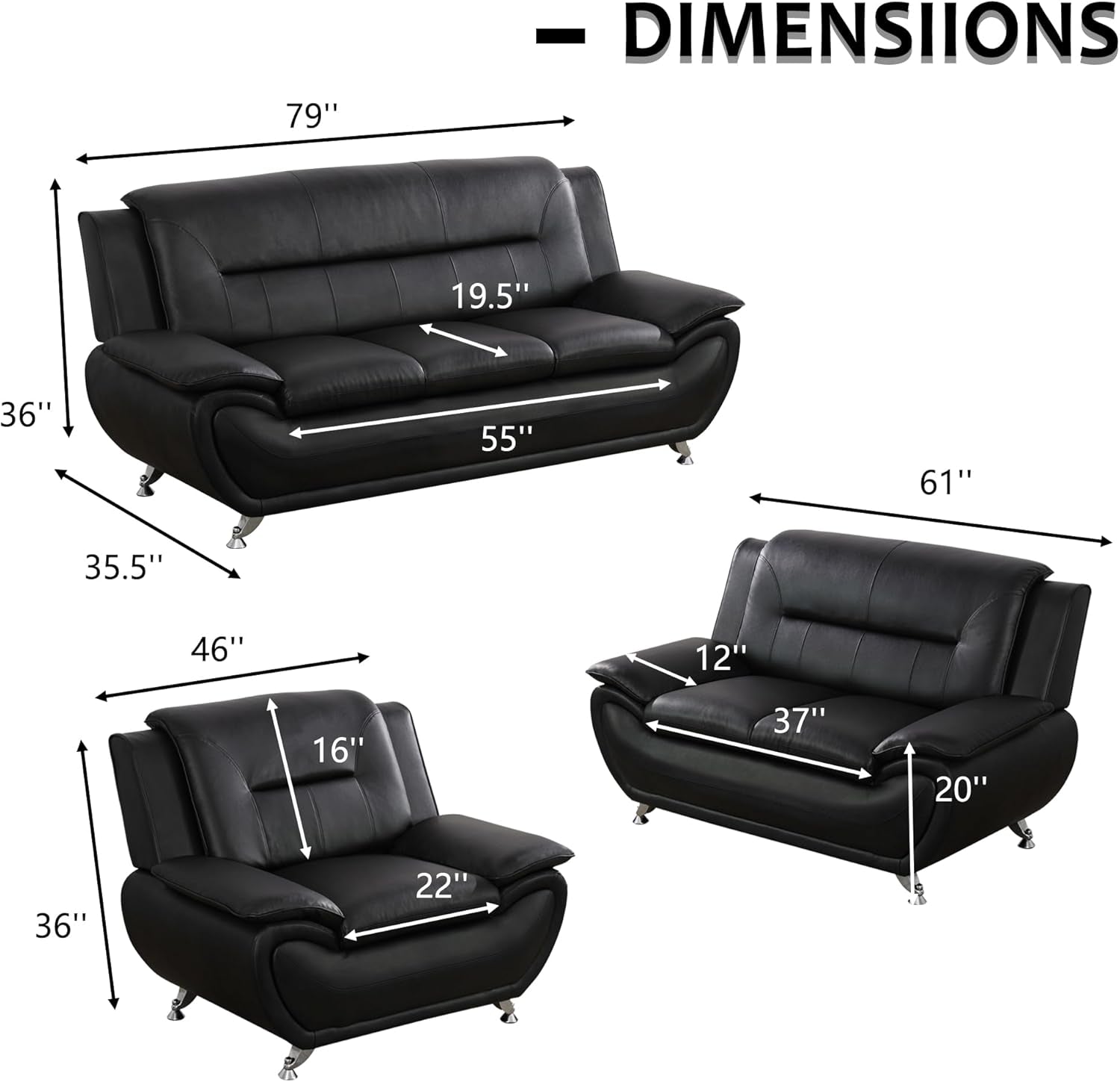 3 Piece Black Sofa Set Modern Living Room Couch Set Sofa Loveseat Chair For Home Decor-1