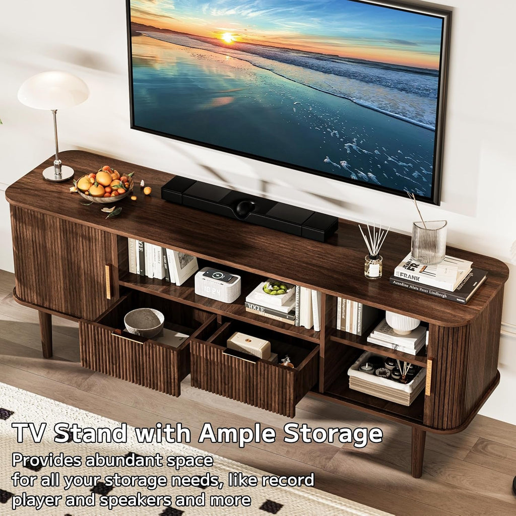 Fluted TV Stand Console 62 Inch Wide Dark Wood Cabinet-3