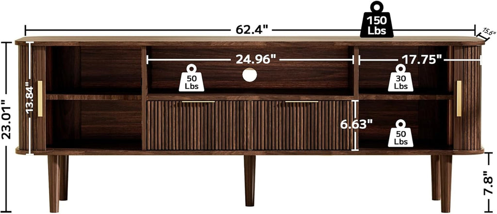 Fluted TV Stand Console 62 Inch Wide Dark Wood Cabinet-1