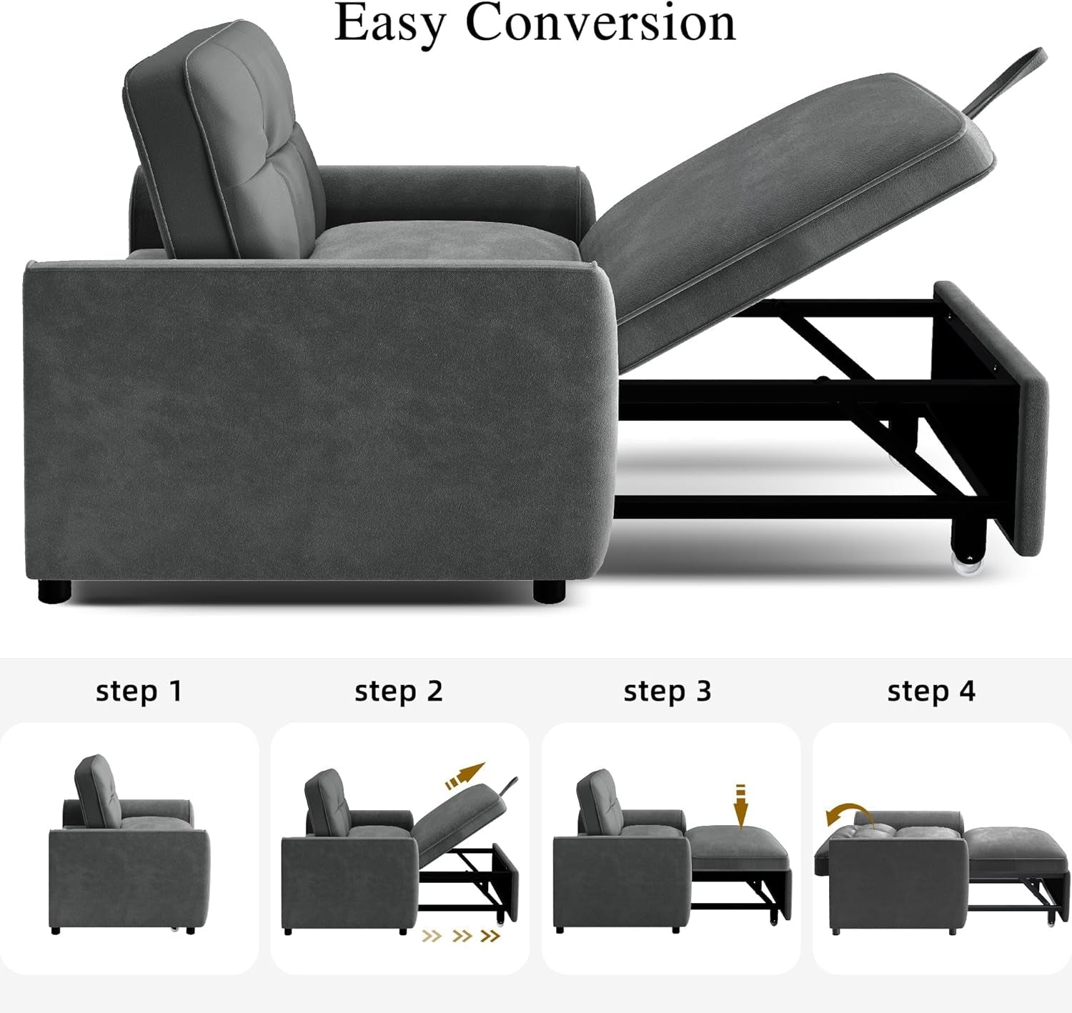 Convertible Sofa Bed Chair Gray Velvet Upholstered-2