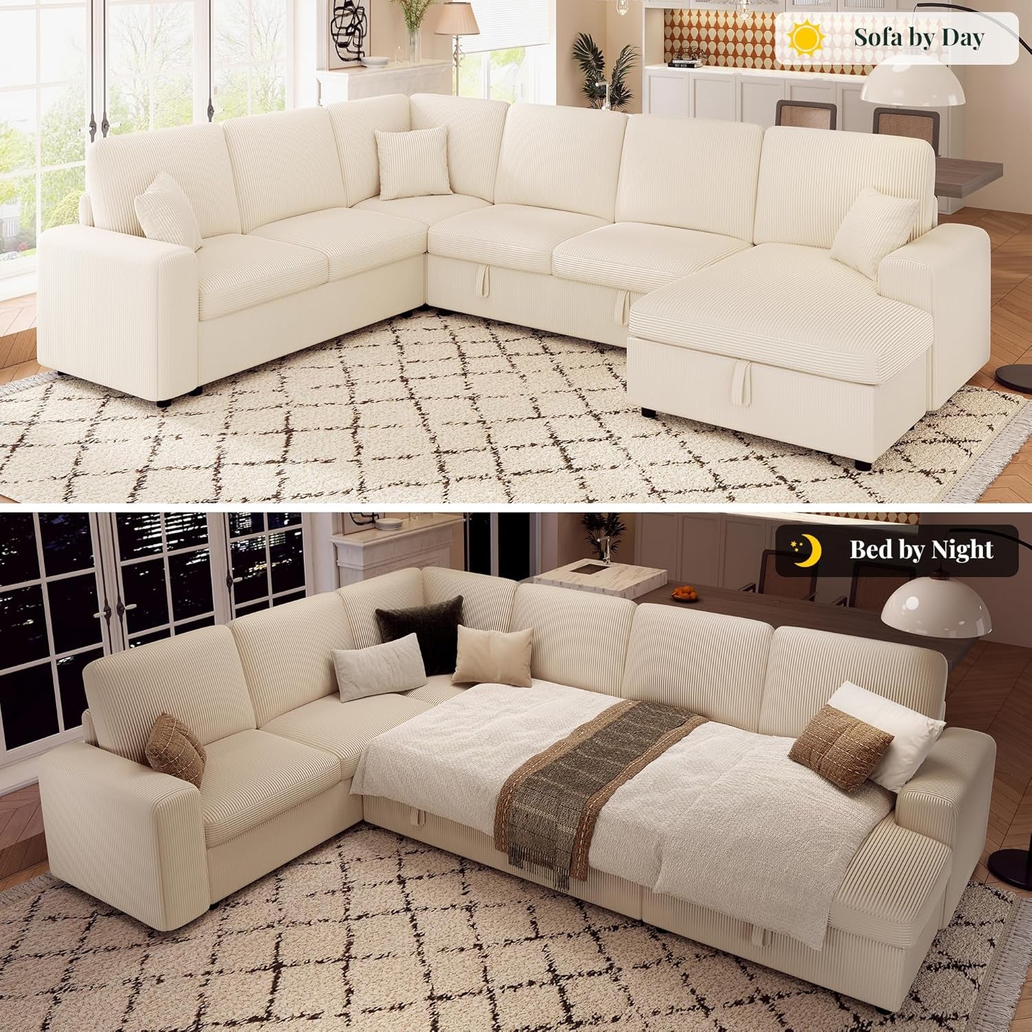 130Inch Beige Upholstered Sleeper Sofa With Storage-3