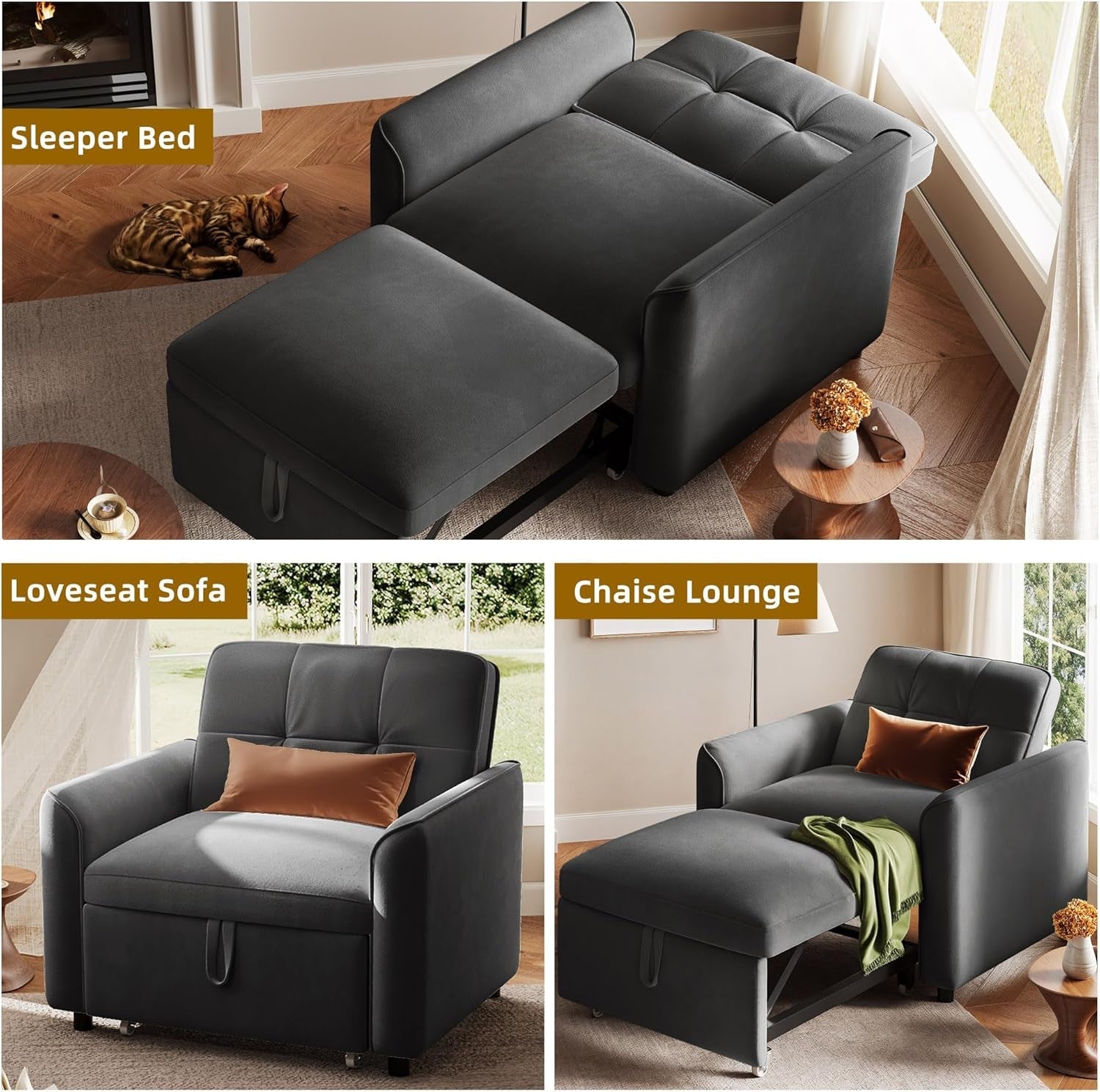 Convertible Sofa Bed Chair Gray Velvet Upholstered-4