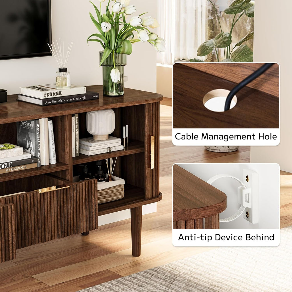 Fluted TV Stand Console 62 Inch Wide Dark Wood Cabinet-4