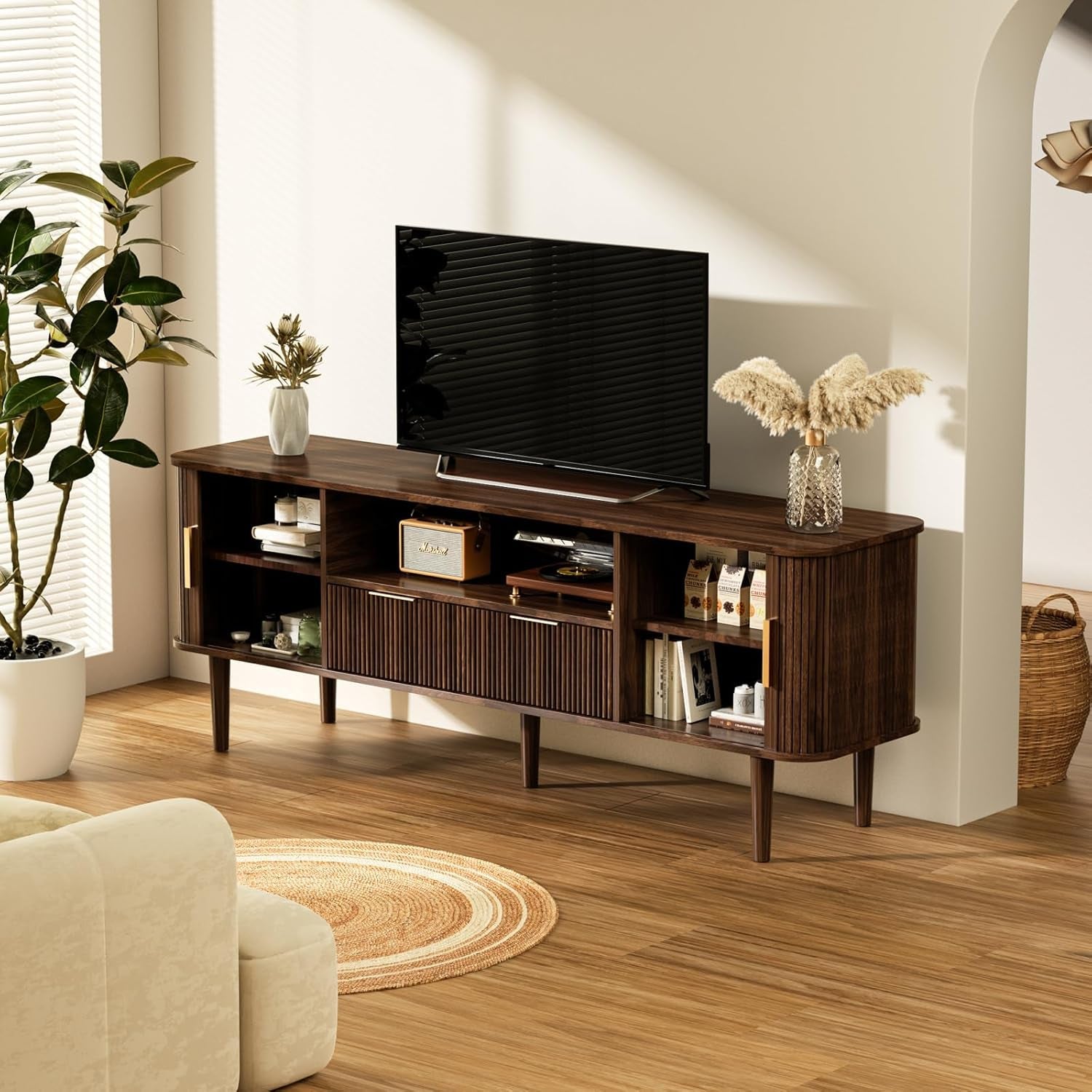 Fluted TV Stand Console 62 Inch Wide Dark Wood Cabinet-2