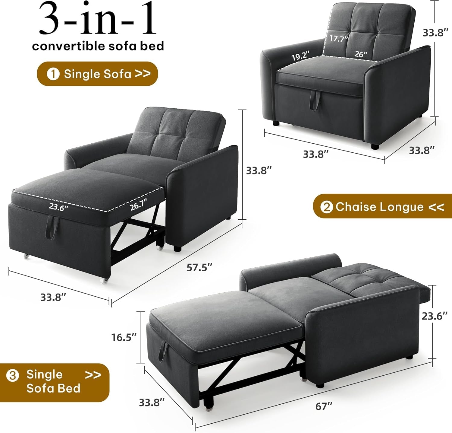 Convertible Sofa Bed Chair Gray Velvet Upholstered-1