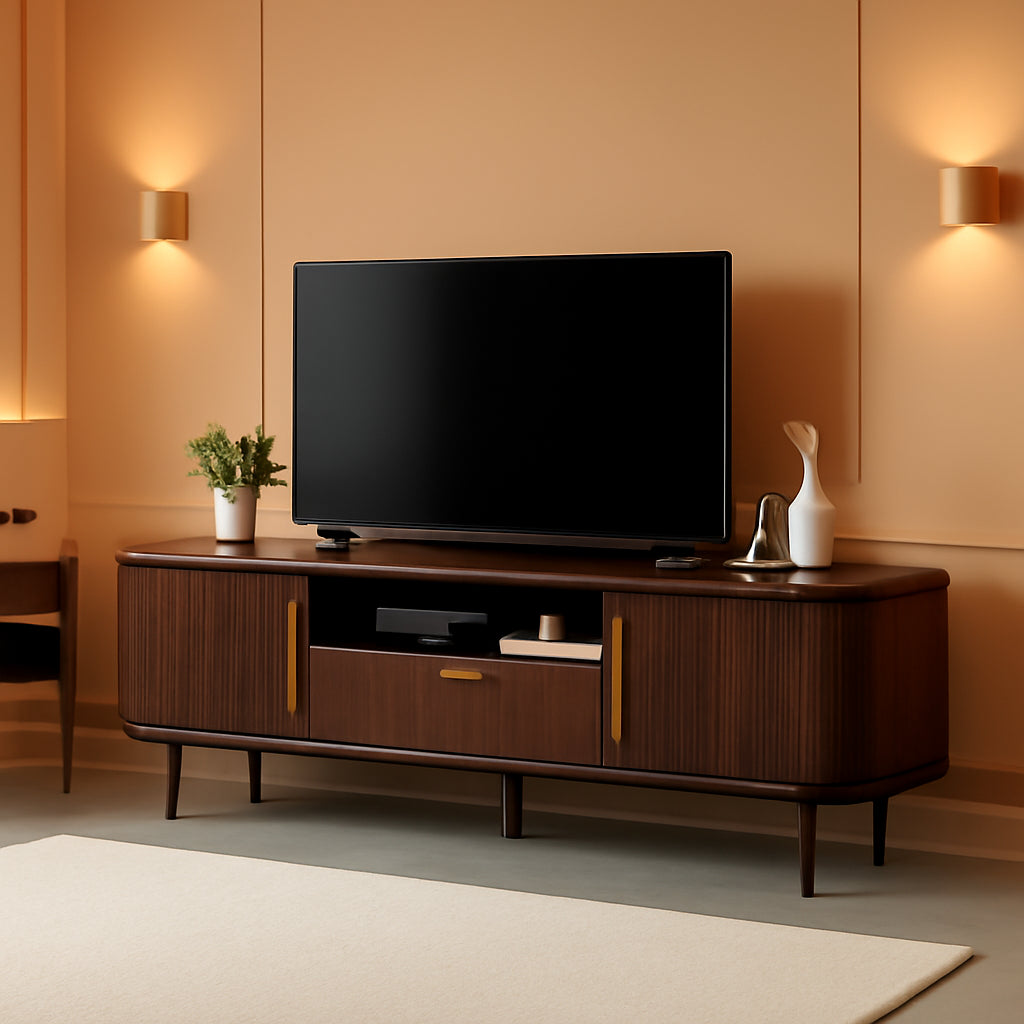 Fluted TV Stand Console 62 Inch Wide Dark Wood Cabinet-0